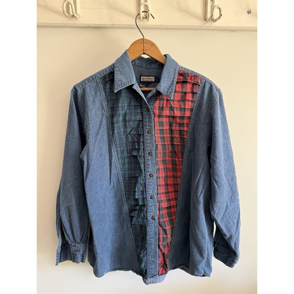 Vintage Ruff Hewn Denim Plaid Ruffle Tuxedo Shirt Large Asymmetrical 90s